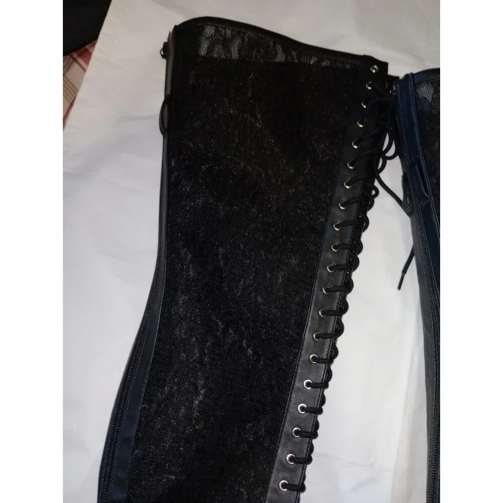 Pleasers Delight Black Lace Panel Platform Thigh High Boots 6